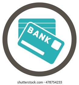 Bank Cards vector bicolor rounded icon. Image style is a flat icon symbol inside a circle, grey and cyan colors, white background.
