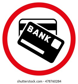 Bank Cards vector bicolor rounded icon. Image style is a flat icon symbol inside a circle, intensive red and black colors, white background.