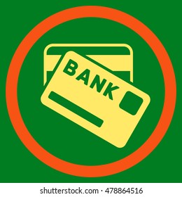 Bank Cards vector bicolor rounded icon. Image style is a flat icon symbol inside a circle, orange and yellow colors, green background.