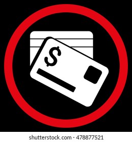 Bank Cards vector bicolor rounded icon. Image style is a flat icon symbol inside a circle, red and white colors, black background.