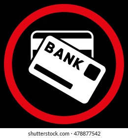 Bank Cards vector bicolor rounded icon. Image style is a flat icon symbol inside a circle, red and white colors, black background.