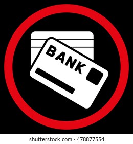 Bank Cards vector bicolor rounded icon. Image style is a flat icon symbol inside a circle, red and white colors, black background.