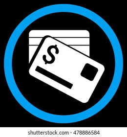 Bank Cards vector bicolor rounded icon. Image style is a flat icon symbol inside a circle, blue and white colors, black background.