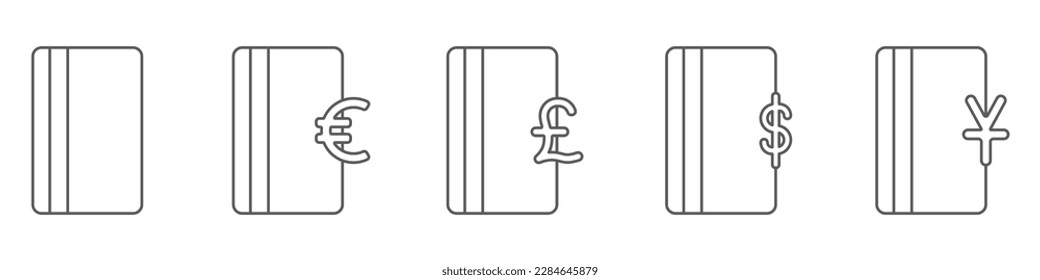 Bank cards vector icons set. Bank cards with currency vector. Contactless card payment vector. Currency credit cards vector.