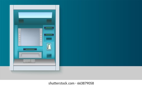 Bank Cash Machine. ATM - Automated Teller Machine With Blank Screen And Carefully Drawn Details On White Backdrop. Template For Flyers, Cover, Presentation Or Poster.