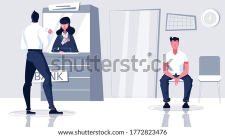 Bank cashier flat composition with indoor branch scenery and waiting people with cashiers window and client vector illustration