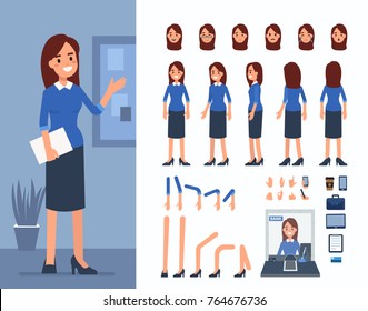 Bank cashier woman character constructor and office objects for animation scene.  Set of various women's poses, faces, mouth, hands, legs. Flat style vector illustration isolated on white background.