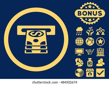 Bank Cashpoint icon with bonus design elements. Vector illustration style is flat iconic symbols, yellow color, blue background.