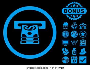 Bank Cashpoint icon with bonus images. Vector illustration style is flat iconic symbols, blue color, black background.