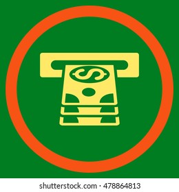 Bank Cashpoint vector bicolor rounded icon. Image style is a flat icon symbol inside a circle, orange and yellow colors, green background.