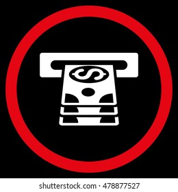 Bank Cashpoint vector bicolor rounded icon. Image style is a flat icon symbol inside a circle, red and white colors, black background.