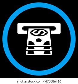 Bank Cashpoint vector bicolor rounded icon. Image style is a flat icon symbol inside a circle, blue and white colors, black background.
