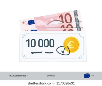 Bank check with 10 Euro Banknotes. Flat style vector illustration. Finance concept.
