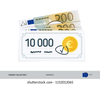 Bank check with 200 Euro Banknotes. Flat style vector illustration. Finance concept.