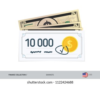 Bank check with 5 US Dollar Banknotes. Flat style vector illustration. Finance concept.