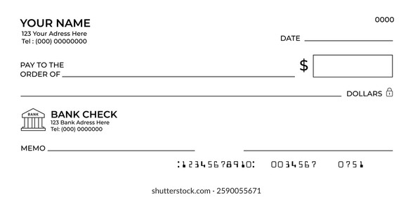 Bank check. Blank bank cheque design, bank payment check or money voucher and cash pay cheque certificate, vector format