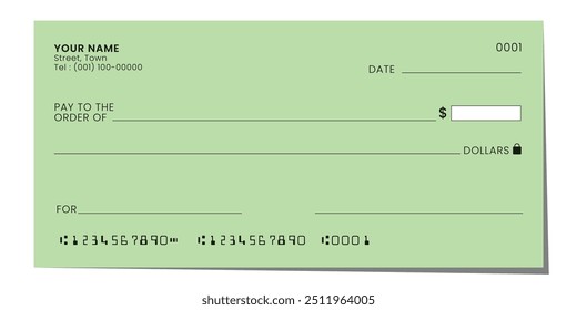 Cheque bancário, cheque em branco, modelo de talão de cheques para empresas. Cupão de pagamento na moeda. Vetor