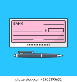 Bank Check Or Bank Cheque With Pen Vector Icon Illustration. Blank Cheque Flat Icon