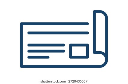 Icono de documento de cheque bancario en estilo de línea limpia, papel de cheque de pago financiero con área de firma y campos de cantidad, Ilustración vectorial bancaria, contabilidad, línea de Factura plana.
