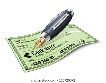 Bank check and fountain pen. Vector illustration