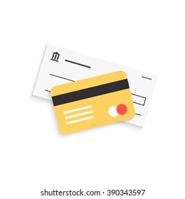 bank check and golden credit card with shadow. concept of exchange method, tax, audit, e-commerce debt, investment, earning. flat style trend modern logo design vector illustration on white background