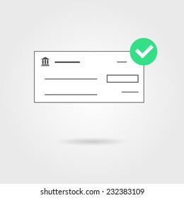 Bank Check With Green Check Mark Icon And Shadow. Isolated On Grey Stylish Background. Concept Of Banking Transaction, Shopping, Earnings And Payment Of Bills. Modern Trendy Design Vector Illustration