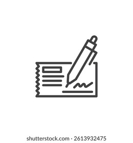 Bank Check line icon. linear style sign for mobile concept and web design. A bank check with a pen outline vector icon. Payment, transaction symbol, logo illustration. Vector graphics