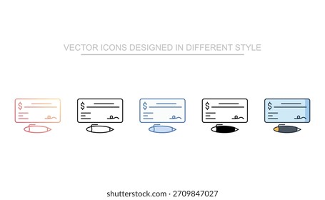 Stock de Vector de icono de línea de cheque bancario con fondo blanco