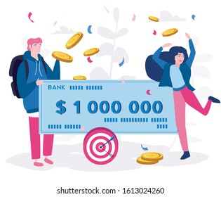 Bank check for a million dollars. Happy family, Man and woman win money, Vector illustration for web banner, infographics, mobile. Lottery gain or grant concept.