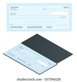 Bank Check with Modern Design. Vector isometric illustration. Cheque book on colored background. Bank check with pen. Concept illustration pay, payment, buy.
