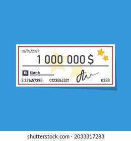 Bank Check For One Million Dollars Isolated On Background. Vector Illustration Flat Design. Template Payment Bank Checks 1000000$.