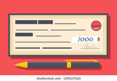 Bank check and pen