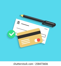 Bank Check Pen And Credit Card With Shadow. Concept Of Top View Object On Table, Daily Payments, Accounting. Isolated On Blue Background. Flat Style Trendy Modern Logo Design Eps10 Vector Illustration