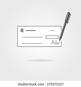 bank check with pen and shadow. concept of repay debt, currency, ecommerce, transaction, purchase, budget. isolated on grey background. flat style trendy modern design vector illustration