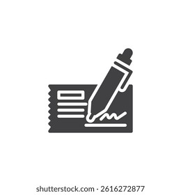A bank check with a pen vector icon. filled flat sign for mobile concept and web design. Bank Check glyph icon. Payment, transaction symbol, logo illustration. Vector graphics