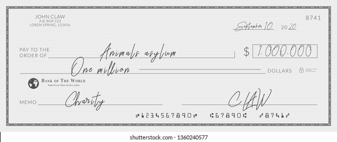 Bank Check Signed For Charity. One Million Dollars Donation For The Animals Asylum