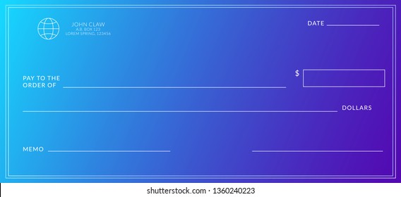 Bank check template. Checkbook page background with empty fields