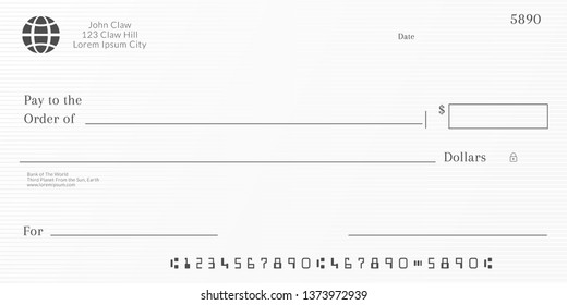 Bank Check Template. Checkbook Page Background With Empty Fields.