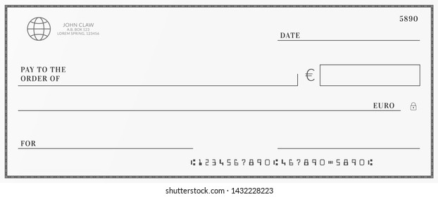 Bank check template. Checkbook page with euro currency background