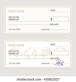 Bank Check Template Set. Blank Form With Sample Signatures. Vector Illustration