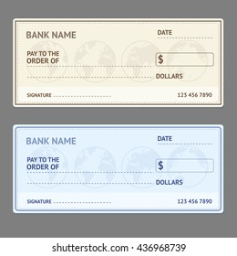 Bank Check Template Set with World Map on Grey Background. Vector illustration