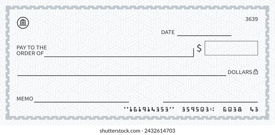 Bank check, vector blank money cheque for dollar currency, checkbook template with seamless pattern and border. Currency payment coupon, Blank money check in grey color vector illustration