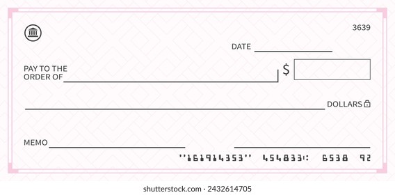 Cheque bancario, cheque de dinero en blanco vectorial, plantilla de talonario de cheques con patrón y borde sin fisuras. Cheque bancario en blanco para cupón de pago de moneda de dólar, cheque de dinero en blanco en color rosa ilustración vectorial