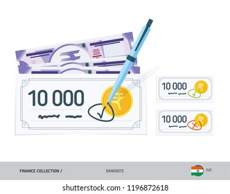 Bank checks set with 100 Indian Rupee Banknotes. Flat style vector illustration. Finance concept.