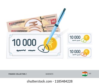 Bank checks set with 1000 Indian Rupee Banknotes. Flat style vector illustration. Finance concept.