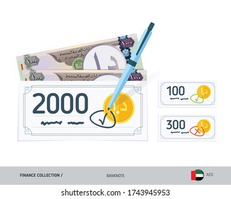 Bank checks set with 1000 United Arab Emirates Dirham banknotes. Flat style vector illustration. Finance concept. 