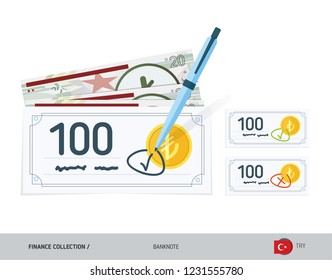 Bank checks set with 20 Turkish Lira Banknotes. Flat style vector illustration. Finance concept.