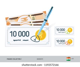 Bank checks set with 200 Indian Rupee Banknotes. Flat style vector illustration. Finance concept.