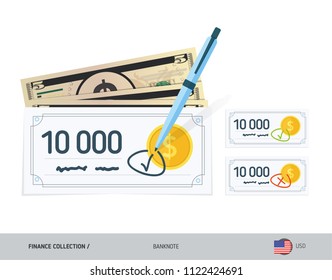 Bank checks set with 5 US Dollar Banknotes. Flat style vector illustration. Finance concept.