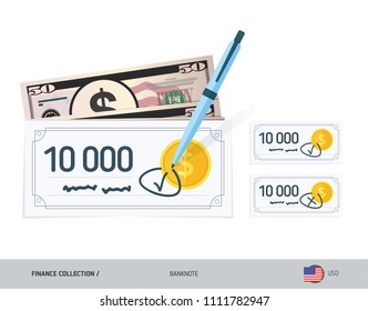 Bank checks set with 50 US Dollar Banknotes. Flat style vector illustration. Finance concept.
